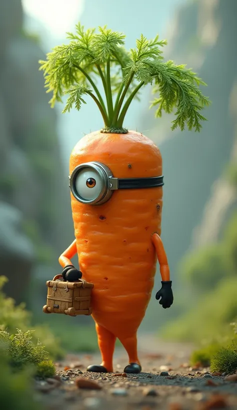 photography, ultra realistic, a carrot with a green branch with imperfections and small roots in the Minion style skin, 8k, future, carrying a small bundle of clothes attached to a thin tree branch on the shoulder