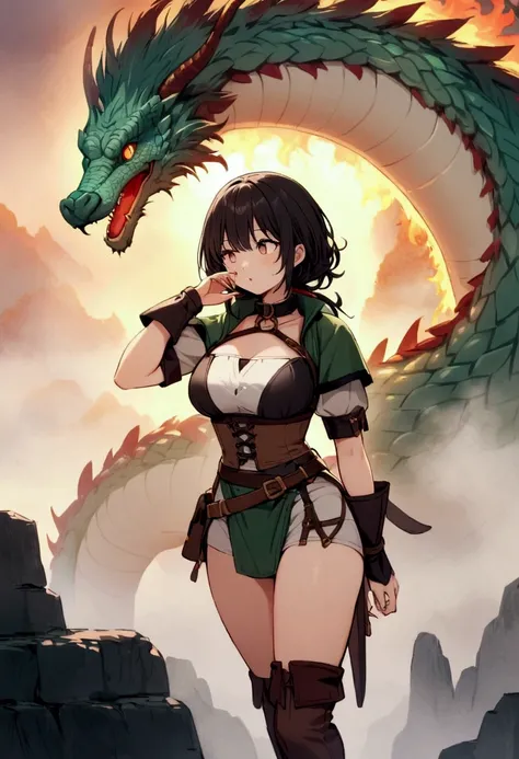 A woman (cute, sexy adventurer outfit, awestruck) is staring at an enormous Chinese dragon that is examining her with one eye, Ancient Bridge in the fog
