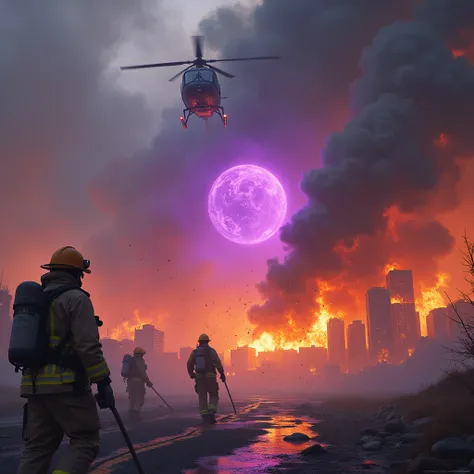 A burning city door, a violet helicopter, a round stone,firefighters, smoke, particles, 