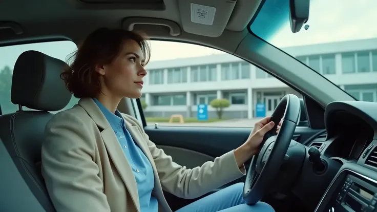 A medium shot of  woman,  with short dark hair, wavy brown hair, wearing wearing a light coat and shirt blue inside, pants light blue, parking in front of the hospital, with the keys in the ignition and looking out the window, very realistic, micro details...