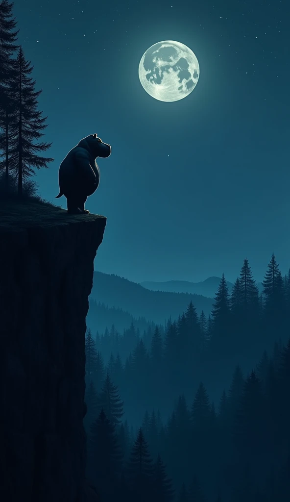  On a silent and deep night ,  under a dark blue sky and distant stars ,  a humanoid hippopotamus is standing on a steep cliff ,  observing the vast forest that extends below him .  His massive and powerful figure ,  wearing a perfectly fitting black suit ...