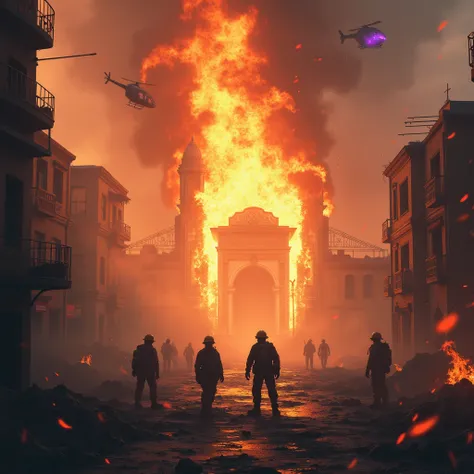 A burning city door, a violet helicopter, a round stone,firefighters, smoke, particles, 