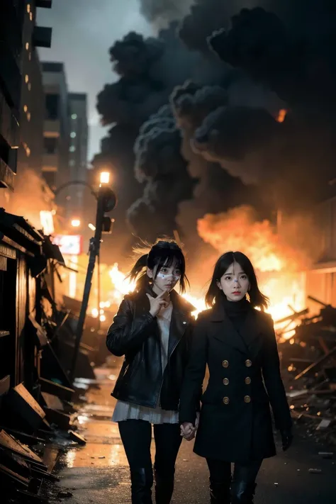 2 girl in the midst of burning rubble, blood-stained mask, explosion, detailed realistic photo of tokyo aftermath, 8k, high resolution, cinematic lighting, photorealistic, hyper detailed, dramatic, intense, visceral, gritty, dark tones, depth of field, dra...