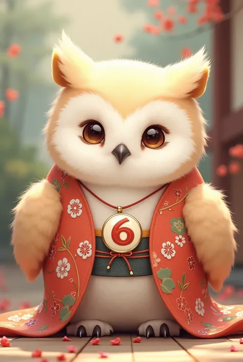  in a cute kimono。A smiling owl wearing a necklace called 6 