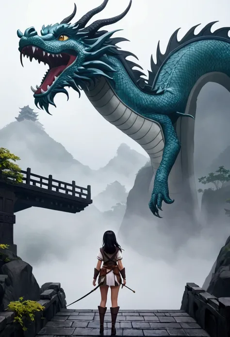 A woman (cute, sexy adventurer outfit, awestruck) is staring at an enormous Chinese dragon that is examining her with one eye, Ancient Bridge in the fog
