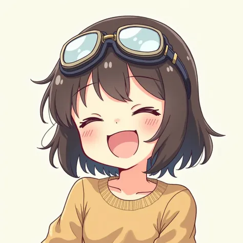  Japanese illustration style,  1 girl, smile,  closed eyes,  has goggles on his head, 