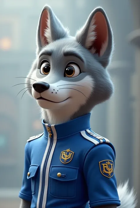 a gray wolf, tender, WEARING A BLUE AND WHITE UNIFORM FROM THE BUAP, Animating