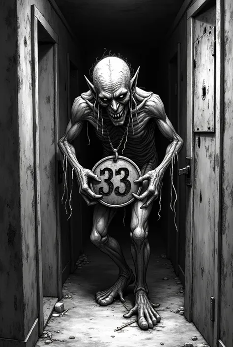 cena:  A grotesque monster with zombie features ,  technique but with bizarre ,  deformations such as tentacles or extra eyes . The number is visible on a rusty iron medallion that he carries,  almost as if it were a curse .

Play Vintage :  A Illustration...