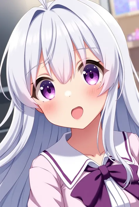 
1girl, Long Hair, Purple Eyes, White Hair,High Quality, Tongue Out, Simple background, Anime Style, 