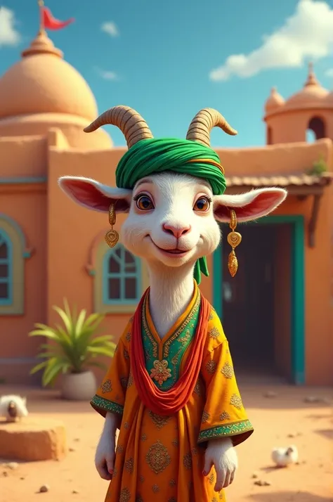 A quirky goat wearing a bright green turban, golden earrings, and a vibrant shalwar kameez, striking a fun pose in front of a traditional mud house with painted walls.  