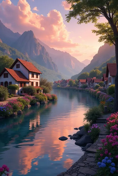 a small village by the river, mountains in the background, floral flowers colorful, detailed landscape, Beautiful natural landscapes, atmospheric lighting, scorching sunset, warm colours, practical, photopractical, Detailed Foliage, complex buildings, cobb...