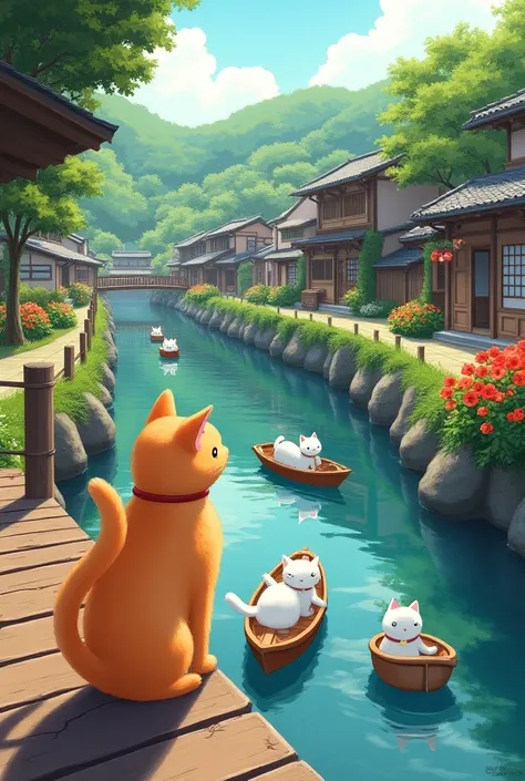 Tranquil village scene, featuring a picturesque canal with wooden bridge.  Ginger cat stands on a wooden walkway overlooking the canal.  Small boats with white cats are floating on the water.  Colorful flowers bloom along the canal banks, lush green landsc...