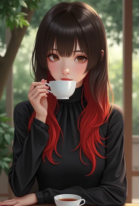 Brunette tea girl
 With the hair I have the fringe ,  the red hair with soft up black down red brown eyes dressed in black 