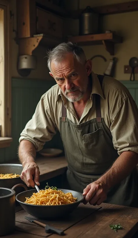 Simple 40-year-old man cooking in a modest kitchen in the 1900s