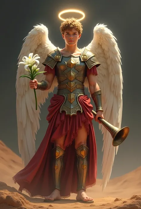 A full-length archangel man , from head to toe : He has a halo , She has a young face.  In his left hand he holds a white lily flower. In his right hand he holds a trumpet .  He is dressed in ancient Roman armor .  He looks straight into the eyes of the sp...