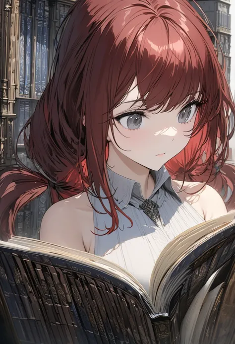 best quality, super fine, 16k, incredibly absurdres, extremely detailed, 2.5D, delicate and dynamic, beautiful young woman reading, dark red hair, gray eyes, low twin tails, swept bangs, bare shoulders, sleeveless halter neck white collared shirt, dark blu...