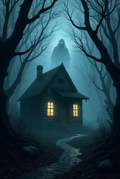 A dark, eerie forest at night, surrounded by dense trees and fog. The atmosphere is cold and unsettling. A broken, old hut stands in the middle of the forest with a faint, glowing light coming from its cracked windows. Shadows loom over the scene, and ther...