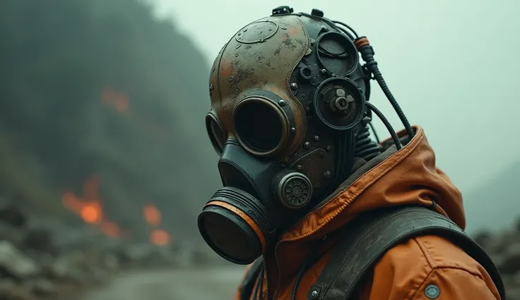 
there is a cyborg in a gas mask and a gas mask on his face and have metallic orange grunge side with plainte cables connected to his face, the scene is very sad , style blend of hideo kojima, craig mullins style, cinematic beeple, sci-fi cinematic movie s...