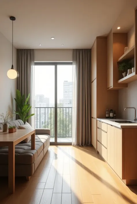 on the 3rd floor of an apartment building, the design of the renovated 3-room house with a balcony has 2 windows, the size is 1.5x3 m, there is a wardrobe and kitchen furniture