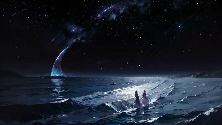 A dreamlike, ethereal celestial scene. A vast, starlit sky with shimmering constellations and a glowing crescent moon, above a serene ocean reflecting the cosmic lights. In the foreground, glowing crystals emerge from the water, casting colorful prisms. Et...