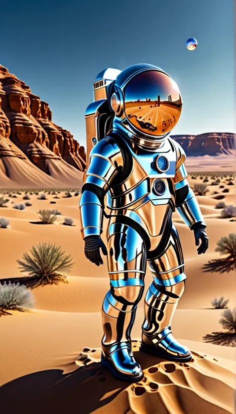 Giant astronaut wearing a mirrored helmet standing in the desert，See the New York model inside the glass ball below，Beautiful sparkling crystal ball, Flying vehicles，Lenses, Scenes, amazing, thrilling, There&#39;s a magical feeling in the air, Magical Fant...