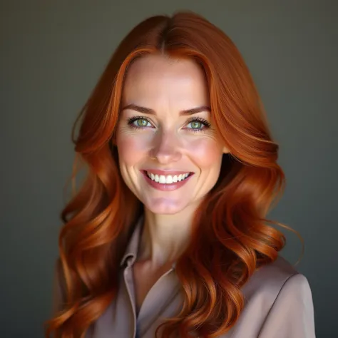  A red-haired woman with long wavy hair with green eyes ,  wearing an elegant and professional blouse .  She is smiling at the camera with a confident and assertive look .  Her face displays a friendly expression ,  but at the same time conveys authority ,...