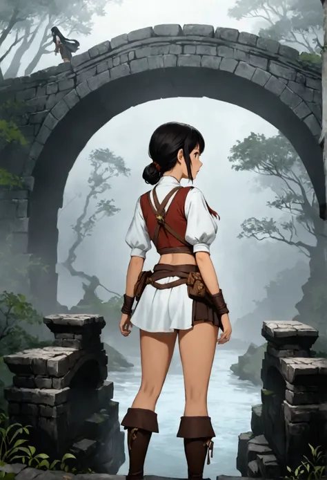 A woman (cute, sexy adventurer outfit, awestruck) is staring at ancestor spirits who warn her to turn back, Ancient Bridge in the fog
