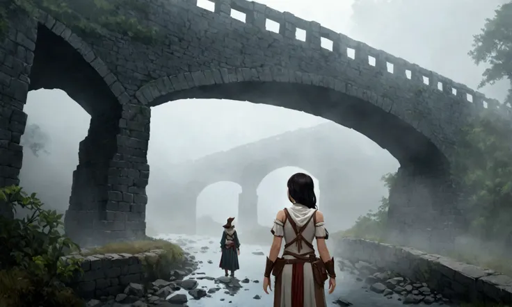 A woman (cute, sexy adventurer outfit, awestruck) is staring at ancestor spirits who warn her to turn back, Ancient Bridge in the fog
