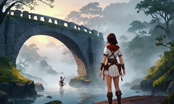 A woman (cute, sexy adventurer outfit, awestruck) is staring at ancestor spirits who warn her to turn back, Ancient Bridge in the fog
