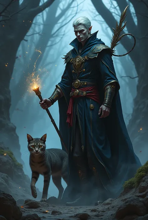 A dark elf/23-year-old brunette, 2 meters tall, short white hair and sleek hair with a staff on his back and a magic wand in his hands and with a feline as a pet 