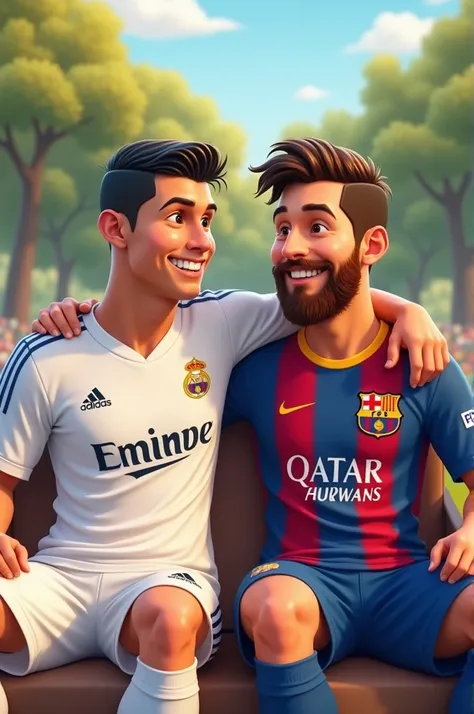 "Create an image of two of the greatest football players in history, Cristiano Ronaldo and Lionel Messi, sitting together and laughing. Ronaldo is wearing his iconic Real Madrid white jersey, and Messi is dressed in his famous Barcelona blaugrana jersey. T...