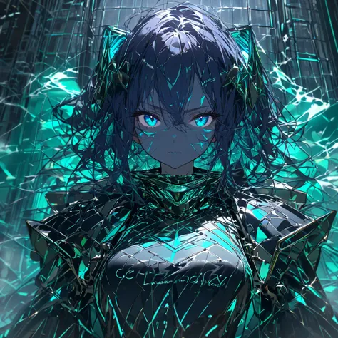 1girl. Appearance: Deep indigo hair with metallic green highlights, styled in a windswept, slightly messy look. Ice-blue eyes with a sharp, intense gaze. Iridescent bronze skin with a faint shimmer, accented by soft teal bioluminescent markings flowing in ...