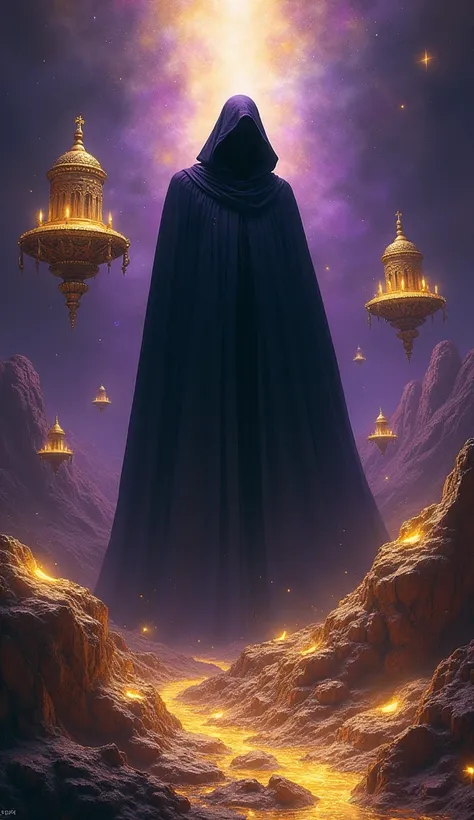 A single figure, towering over a vast landscape of wealth and power. The figures face is obscured by shadows, emphasizing their anonymity and mysterious nature. The background is a surreal dreamscape, with floating islands of gold and jewels.

Additional t...