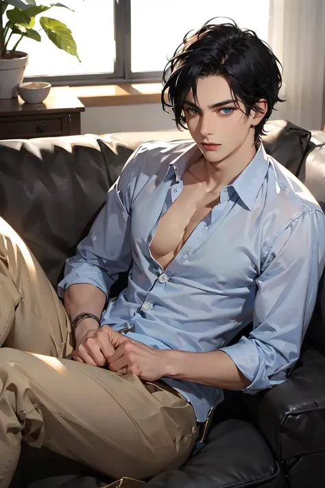  Man with black hair and blue eyes, sitting on the couch crossing his legs ,  with the first two buttons of his shirt open