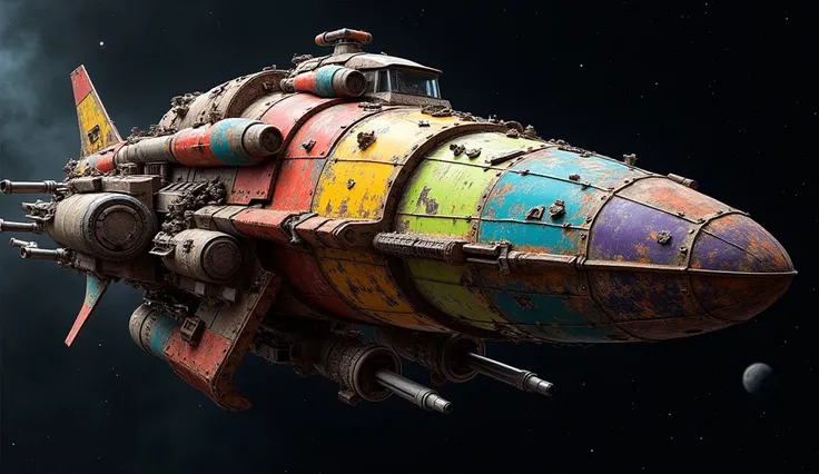 a giant diy dreadnought flying through space, realistic appearance with lots of details like nuts and bolts, rusty parts, spiky scraps, rainbow colors, machine guns, turrets, cannons