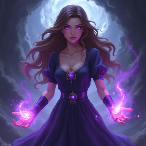 Make a girl that has purple eyes and bright brown hair with purple powers
