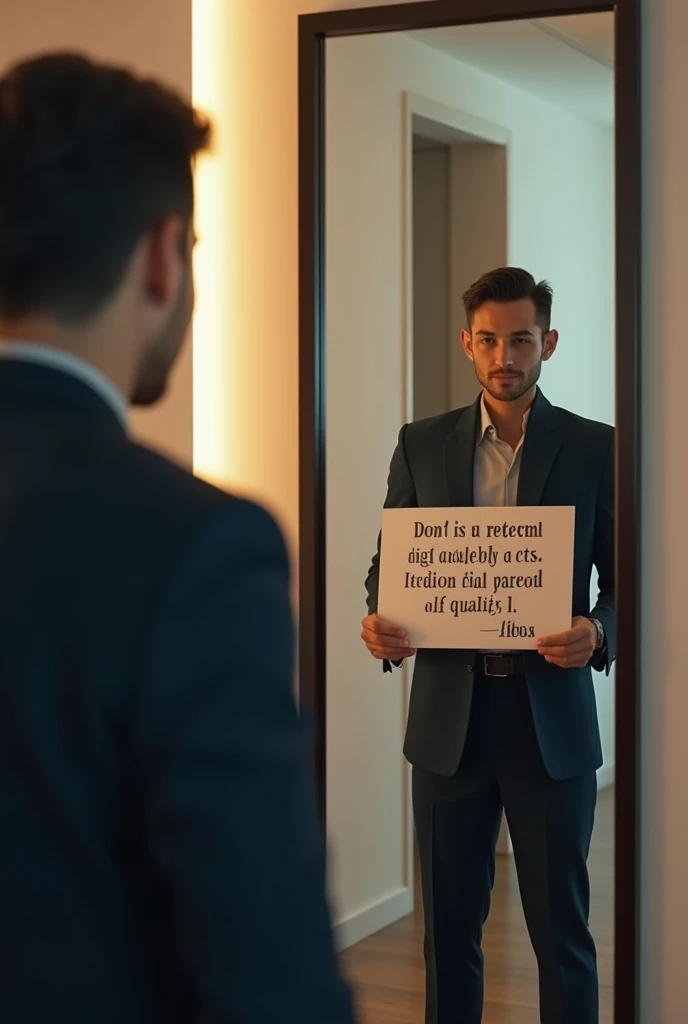 Generate an image of a person in executive clothing standing and reflecting in front of a mirror,  holding a sign that says Quality is in you. 