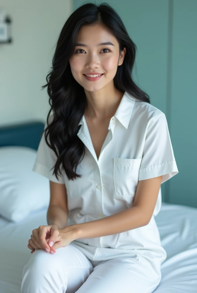 candid, photo shoot, full body shot, sitting on the edge of the hospital bed, smiling Beautiful Vietnamese nurse in white shirt, beautiful face, black hair, white skin, white skin, Real leather, chi fabric texture detail, detailed hair texture, Perfect pro...