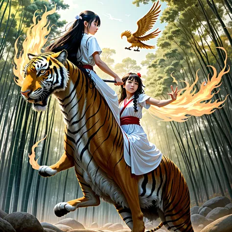  1 Girl in a long dress riding on the back of a tiger, The background is a flying fire phoenix ,Soras Phoenix ,bamboo forest,Hanfu, very long hair,sword,Wide_shooting,myth,fantasy,drama,dream,细节,