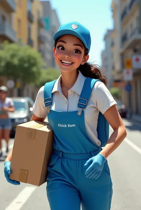 a Latin delivery girl delivering a box smiling in her blue and white hat and uniform that says Click Kem