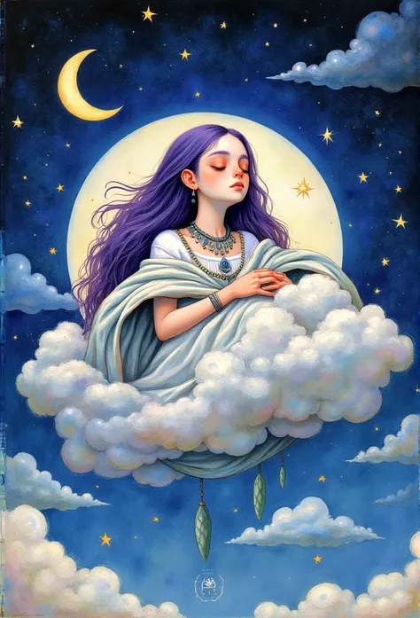      a young woman flies ,  lies and sleeps on a large cloud in the midst of the starry sky and moon, covered from above with a large blanket of rags,   closed eyes    ,  звезды и sky вокруг   ,    covered with a blanket,  jewelry    ,      long hair , Com...