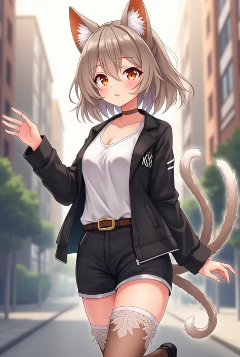  The character has a long and light fuzzy tail ,  the same color as her hair ,  a brown mixed with shades of gray ,  that complements your white cat ears with brown tips , reinforcing its hybrid nature. the tail is elegant,  falling softly behind her ,  wi...