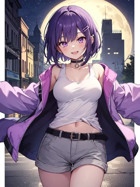  1 girl, solo, Purple Hair, Bob Hair, Beautiful breasts, medium breasts, white tank top,Grey shorts,Black belt, black choker, hair clips,Pink jacket,Slanted Eyes, Light purple eyes, is laughing,happiness/joy,  seductive smiles from all around,  standing ,L...