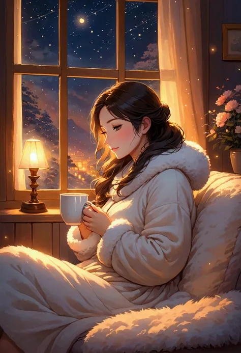 Cozy night scene of a woman dressed in fluffy clothes, sitting on a soft sofa and holding a warm mug in her hand. The rooms are softly lit with warm lighting, creating a relaxing and cozy atmosphere. A calm starry sky spreads out outside the window, creati...