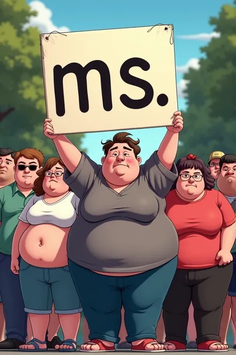 A group of obese people with a sign written “MS”&It was 