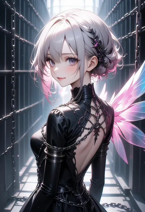 Gothic Angel, Imprisoned in metal chains, Black and pink are the trademark colors, NEXT, Transparent, holographic, glowing wings growing from his back, Captivating mid-chest, Whisper to the audience, A big smile, Captivate you, Strong, fleeting, sad eyes, ...