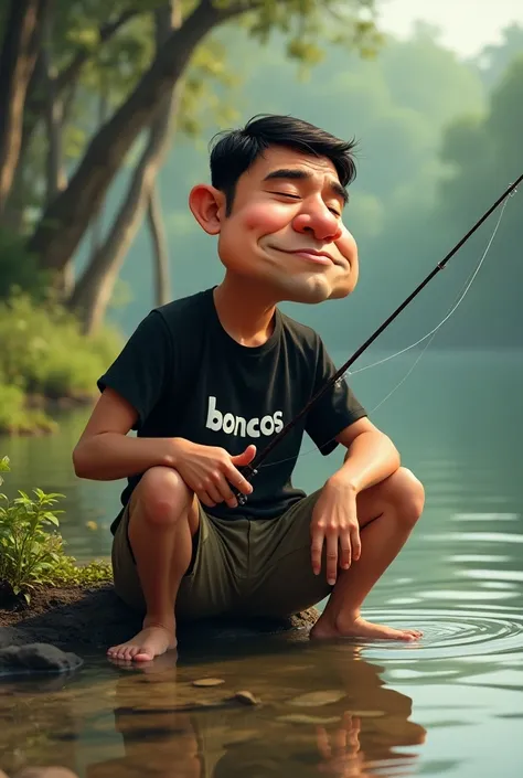 realistic caricature of a 40 year old Indonesian man, short hair, wearing a black t-shirt with "boncos" written on it, sitting fishing on the edge of a lake, part of his feet in the water, dry summer teak forest background,  proportions, big head, sleepy e...