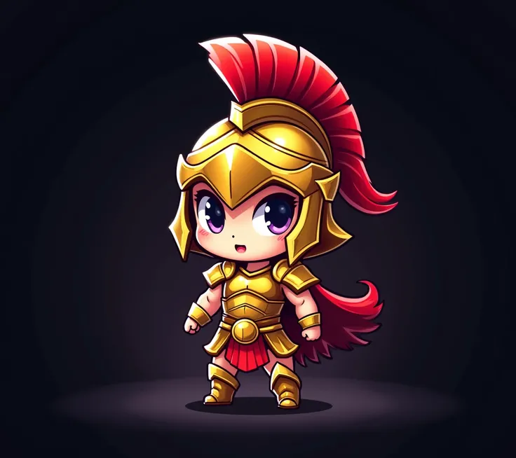  a gaming team logo ,Cute chibi Spartan warrior with gold armor golden helmet with red feathers and white eyes, written Lutiniks in the image. dark background
