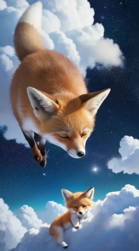 A cute Disney-Pixar-style light brown and white baby fox close their eyes、Sleeping on a Cloud 15,000 meters above ground。At night, the background is a glittering starry sky..。