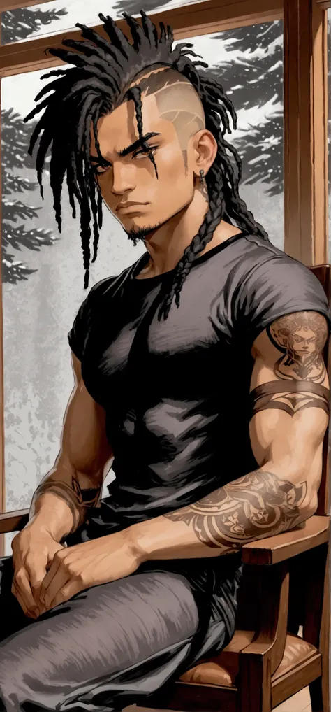 (photorealism:1.2), young, male, brown, sitting in chair, scar on eyebrow, wearing military pants, tattoos on both arms, mohawk dreads hair, indoor, abs, soft lighting, bandages in background, cozy room, dominant pose, realistic, intricate details, warm co...